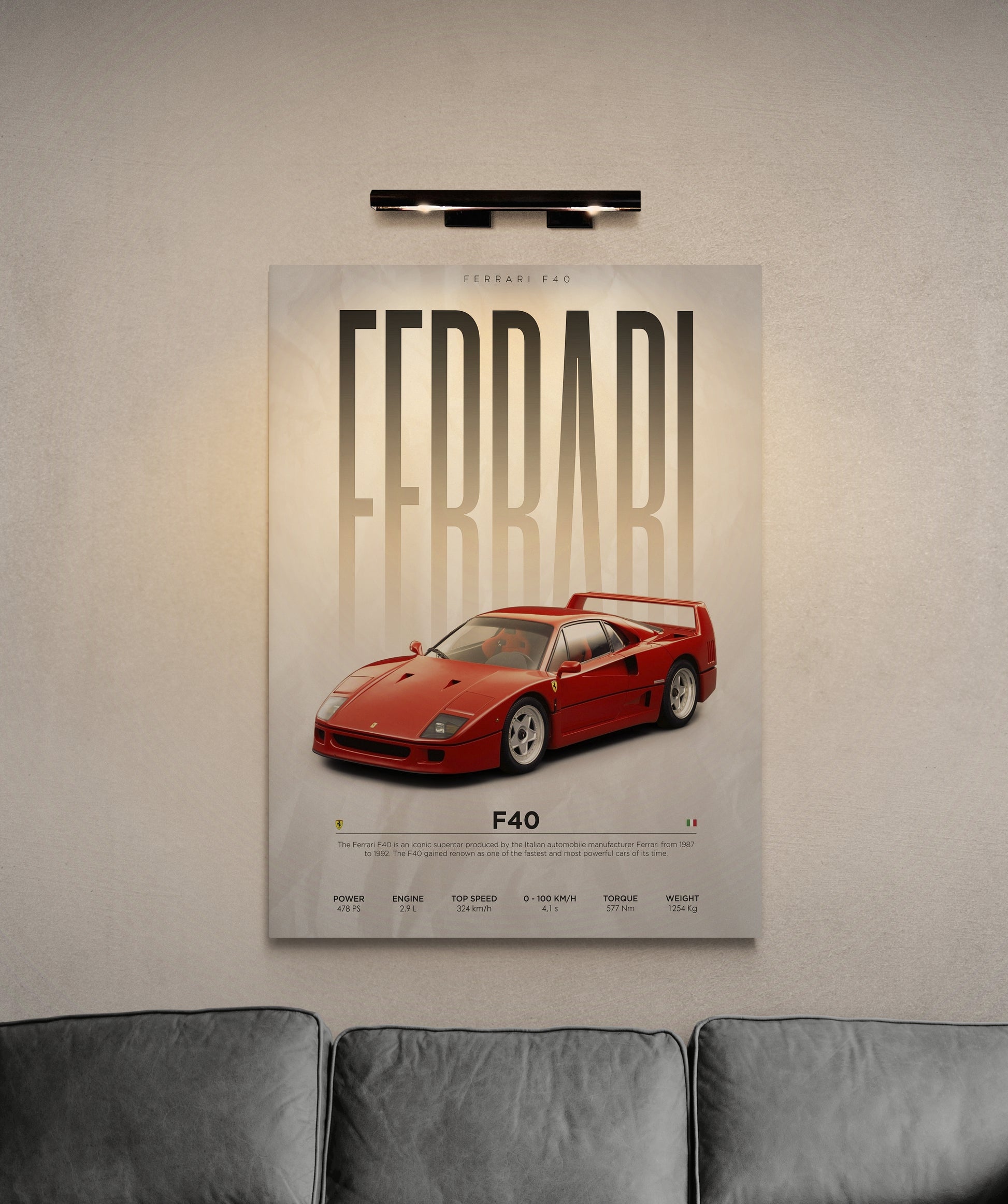 Discover small lounge ideas and interior decor near you at Essential Walls. Browse our collection of wall posters and wall art, including living room art featuring iconic models like the F40 Ferrari. Explore now for Ferrari price in India and elevate your home decor.